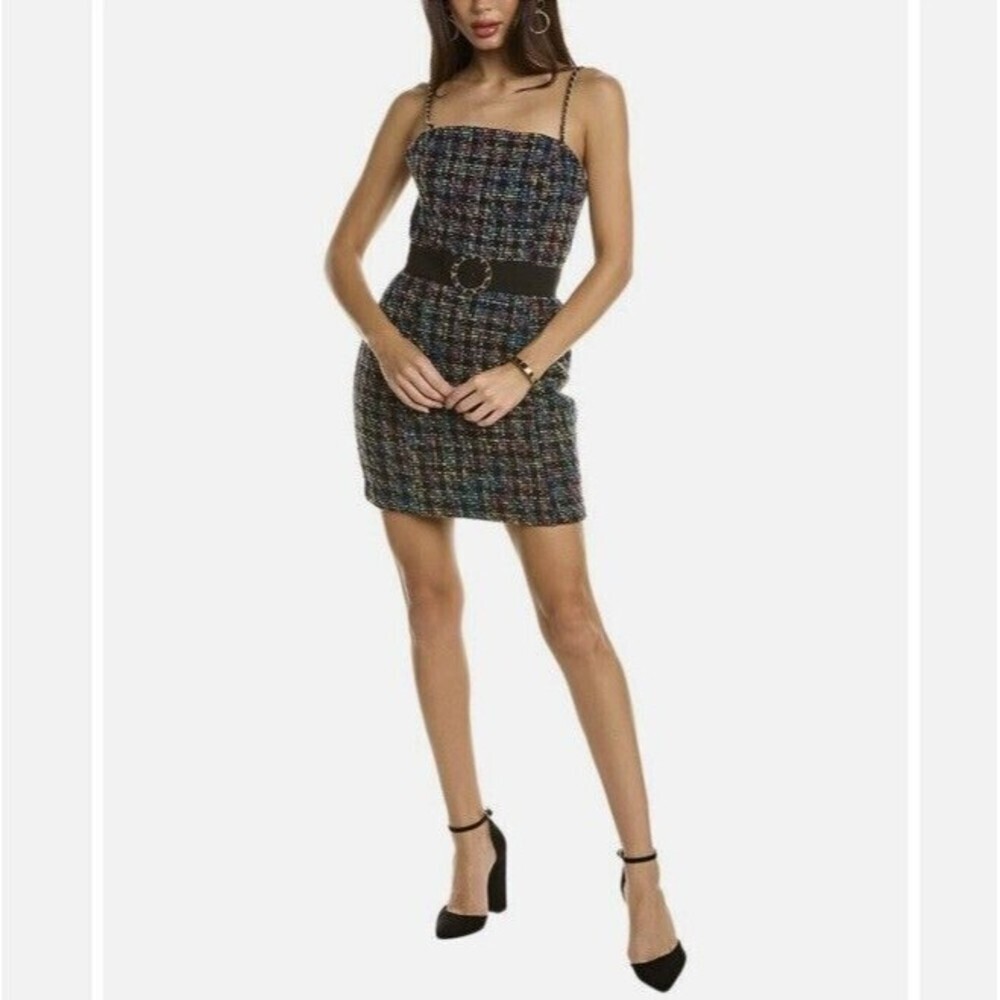 Amanda Uprichard Size Small Tweed Belted Hasley Dress Mini Bodycon Multicolor ￼